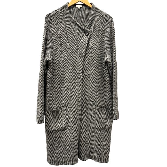 J Jill Sweater Womens Large Duster Cardigan Black Gray Herringbone Copley Topper - Picture 1 of 10